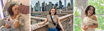 Isabella Depreli in hospital after brain surgery (left), in New York (centre), and at 30th birthday celebrations (right)