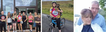 Image of Emma and her colleagues, image of Emma with her bike and dog, image of Emma and Andrew