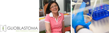 The Anni Hofmann Foundation logo, image of Anni and image of scientist's hand with pipette and petri dish