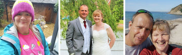 Left an image of Mandy walking, centre a wedding photo of Mark and Mandy and right Mark and Mandy happy together on a beach