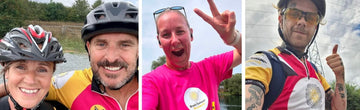Image of two cyclists smiling, image of a Run supporter giving victory sign, image of a cyclist giving a thumbs up