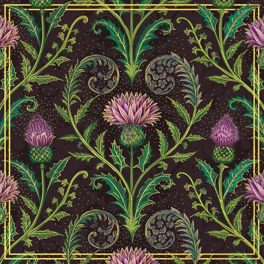 Beautiful Christmas card featuring purple thistles and flowing green foliage in an elegant, symmetrical design, highlighted with gold accents against a dark background
