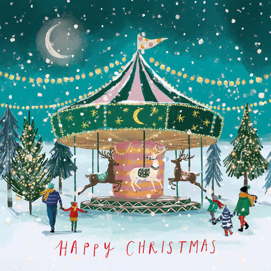 Snowy Christmas carousel with twinkling lights surrounded by families beneath a moonlit winter sky.