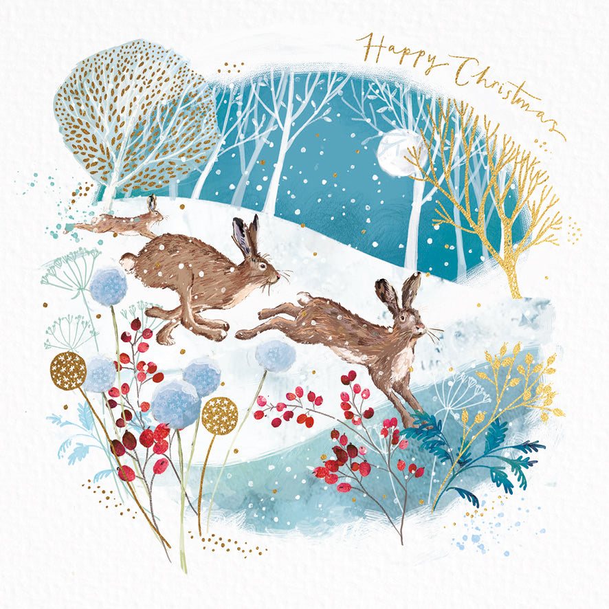 Three hares running through a snowy winter scene with red berries, blue flowers, bare trees and snow beneath a moon