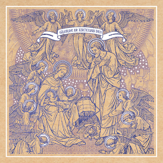 Traditional Nativity Christmas card showing baby Jesus in a manger with Mary, Joseph, angels, and a Gloria in Excelsis Deo banner above.