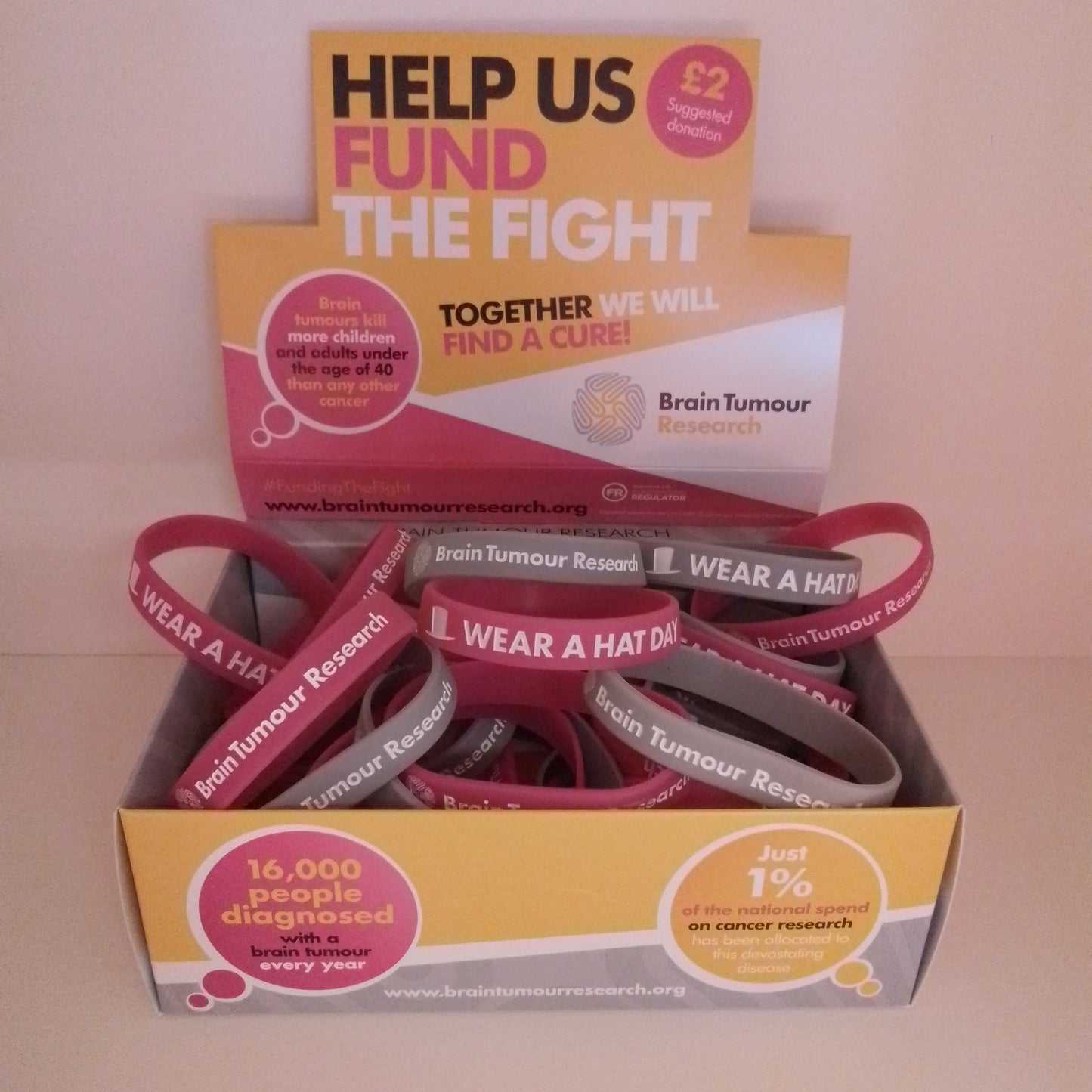 Wear A Hat Day Wristband - mixed box of 24 - 12 pink & 12 grey